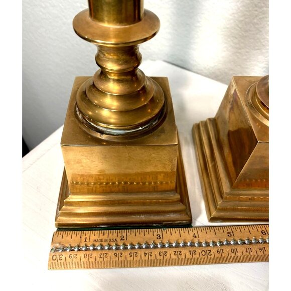 Vintage 12 Inch Brass Candles Holders Pair Heavy Base 1970s - Picture 7 of 9